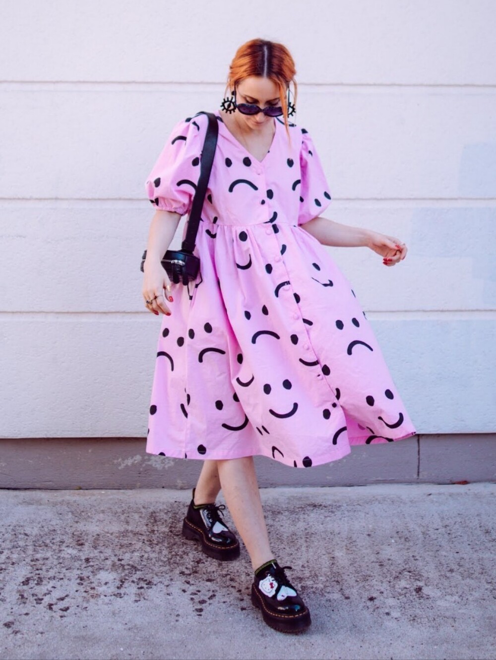 Lazy Oaf Happy Sad Puff-Sleeve Midi Dress